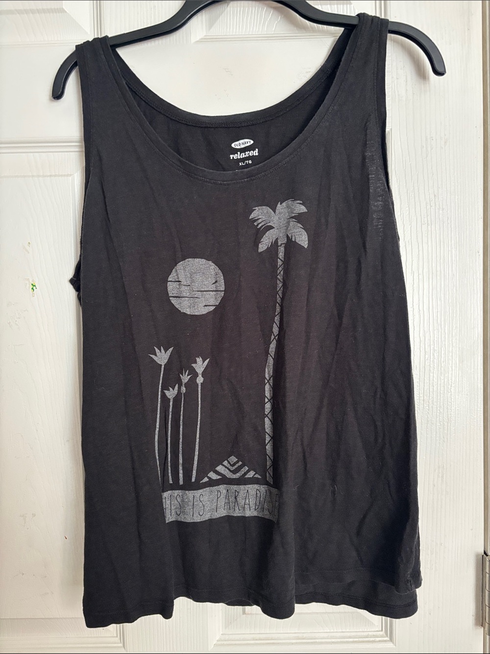 Old Navy Black Tank Top with Gray Palm Graphic